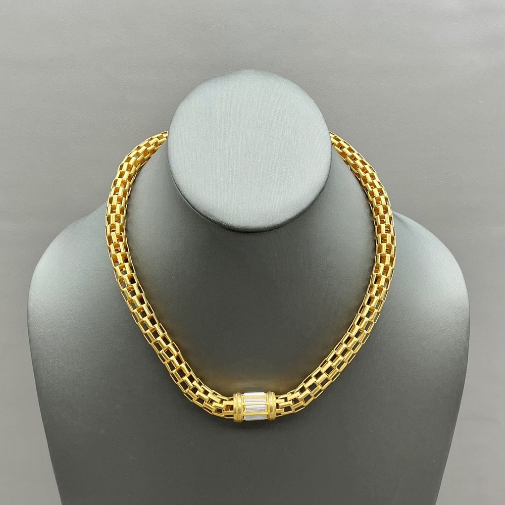 Anne Klein Necklace Vintage Gold Tone Mesh Baguette Crystal Statement Collar 16"